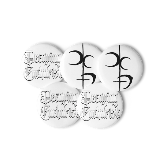 The Decaying Eucharist "Logo" Set of 5 Buttons by Mainstay Entertainment includes three with gothic "Devouring Eucharist" text and two with bold black symbols, all scratch-resistant for lasting durability.