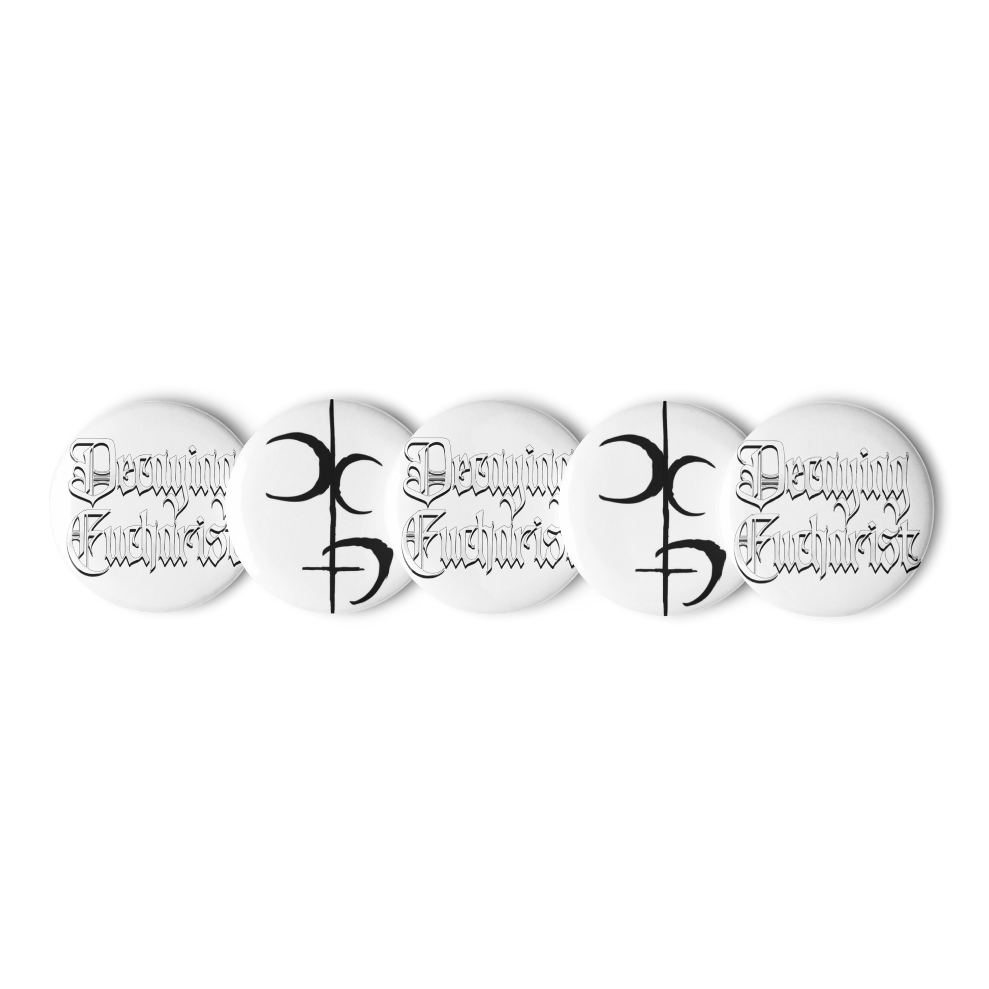 The Decaying Eucharist "Logo" Set of (5) Buttons by Mainstay Entertainment features scratch-resistant white pins: two with black gothic “Dreaming Knights” text, two with a bold mirrored “D” abstract, and one additional unique design.