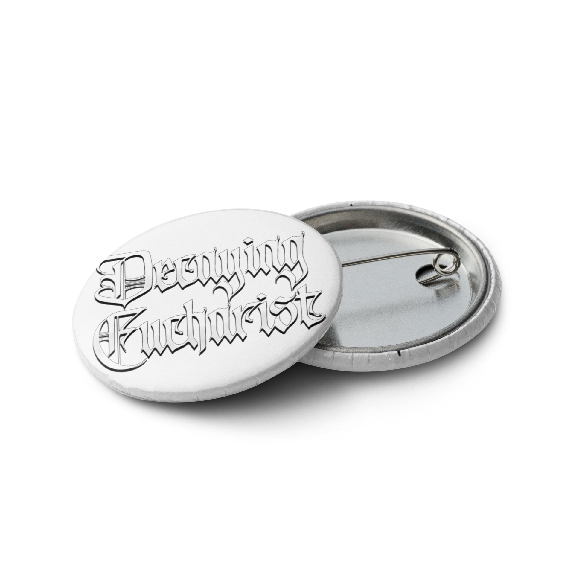 The Decaying Eucharist "Logo" Set of (5) Buttons by Mainstay Entertainment features round, scratch-resistant metal pin-back buttons with a Gothic font logo on white, partially opened to show the pin mechanism.