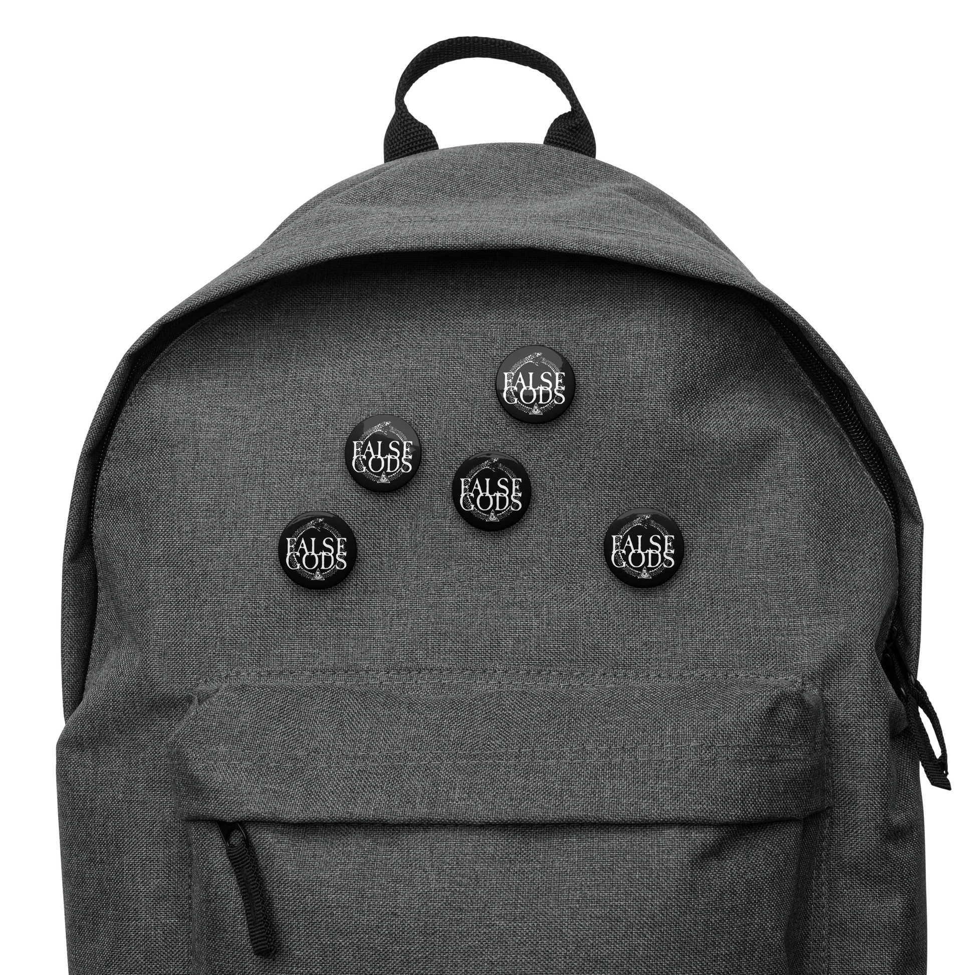 A gray backpack adorned with Mainstay Entertainment's False Gods "Snake Logo" set of 5 buttons, each featuring bold white FALSE GODS text in all caps.