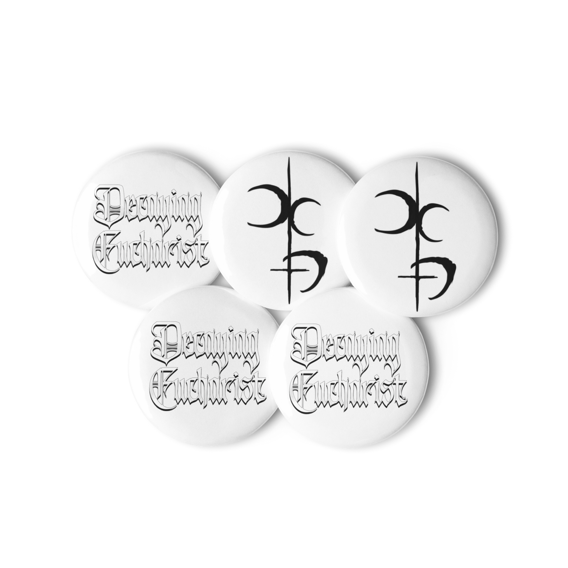 The Decaying Eucharist "Logo" Set of (5) Buttons by Mainstay Entertainment includes three buttons with “Degrading Eucharist” in gothic font and two with an abstract black symbol. Each glossy, white button is scratch and UV-resistant for daily use.