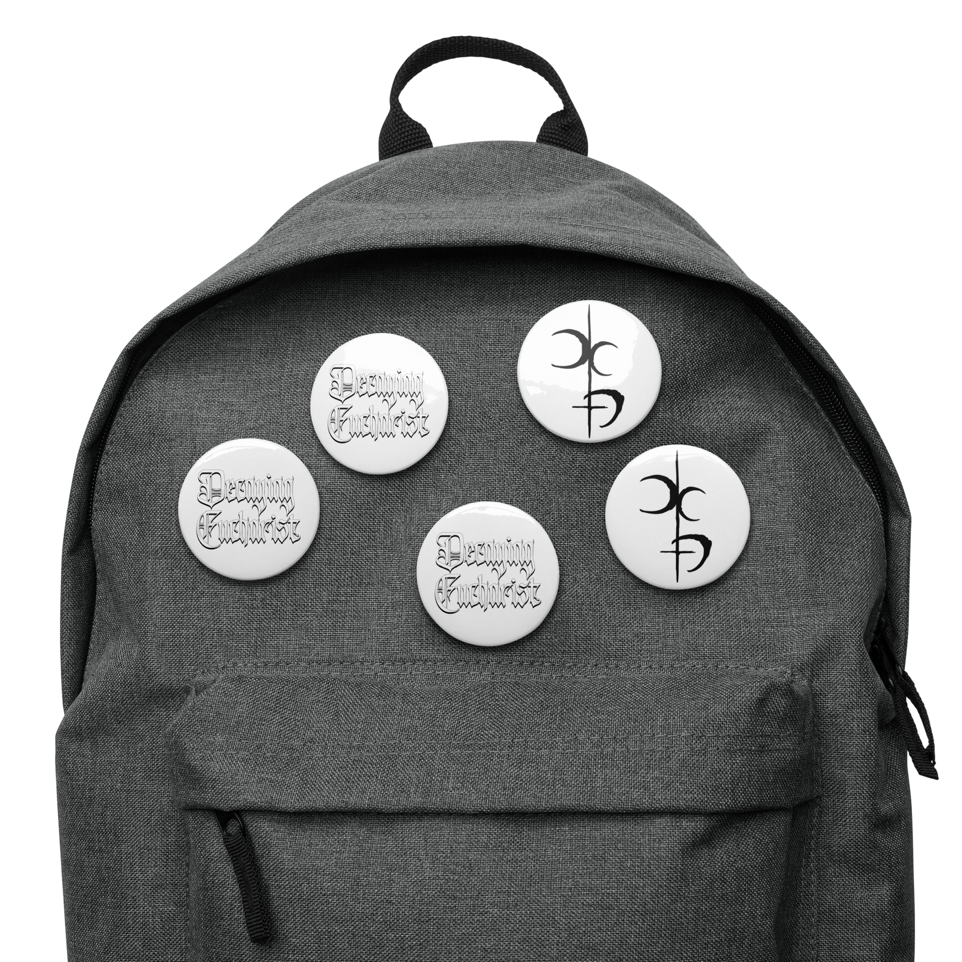 The Decaying Eucharist "Logo" Set of 5 Buttons by Mainstay Entertainment includes scratch and UV-resistant pin buttons: three with decorative black text and two with black abstract designs on white, all attached to a gray backpack.