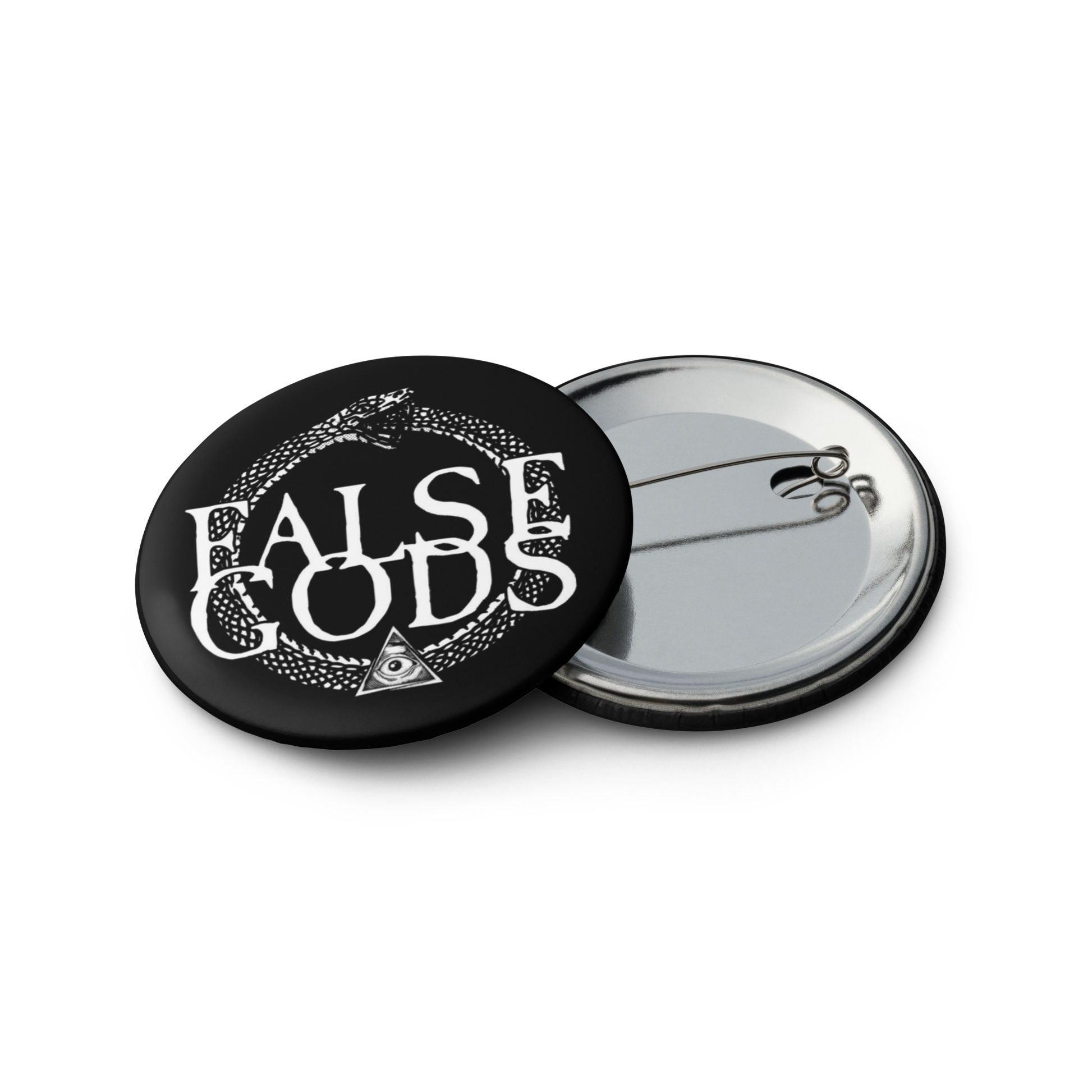 The False Gods "Snake Logo" Set of 5 Buttons by Mainstay Entertainment features glossy black pin-back buttons with "FALSE GODS" in white, a snake biting its tail, and a triangle with an eye. Design includes partially visible backs.