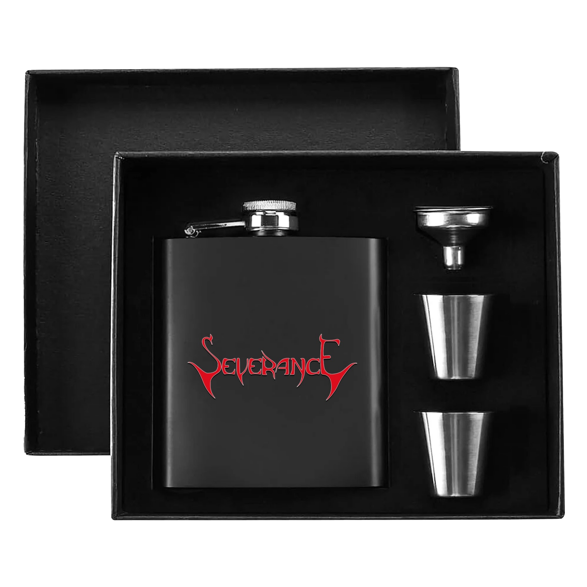 Severance "Logo" 7oz. Hip Flask Black Stainless Steel Set