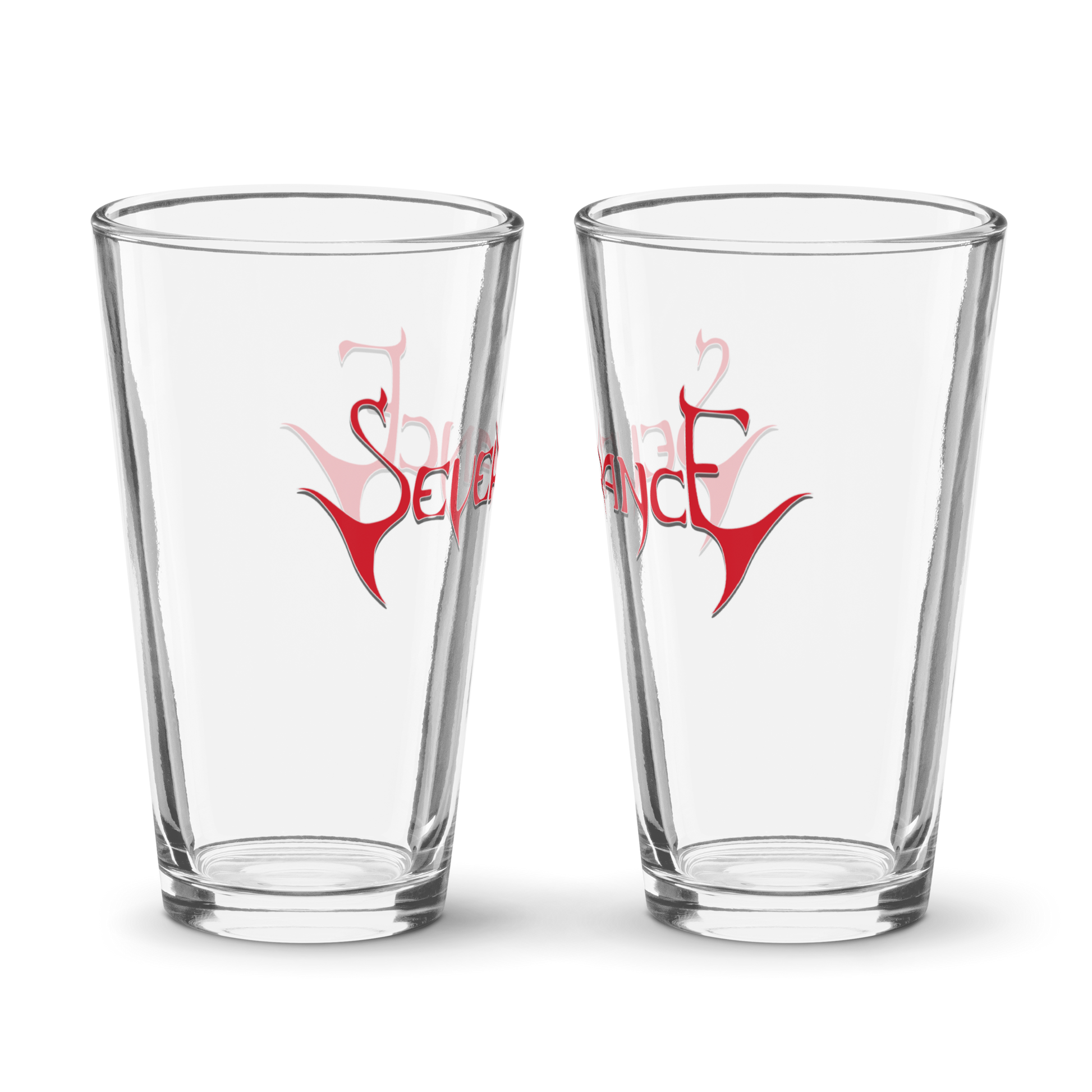 Two Severance "Logo" Pint Glasses by Mainstay Entertainment, each 16 oz with red stylized lettering on the front, are placed side by side on a white background. The decorative text is partially visible.