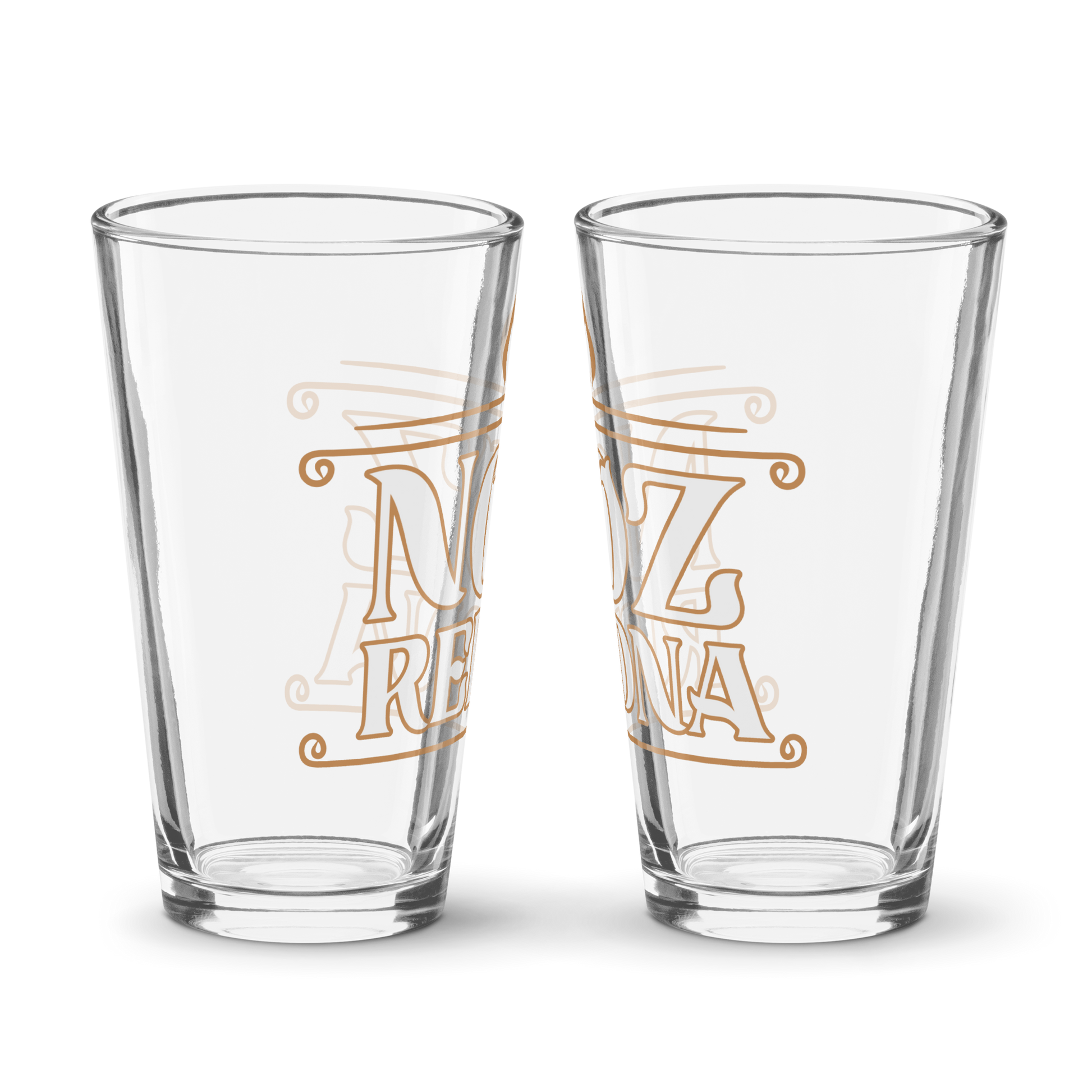 Two clear 16 oz Noz Redna "Candle Logo" pint glasses by Mainstay Entertainment, featuring a decorative orange design with NOZ REGINA text, shown from front and back on a white background.