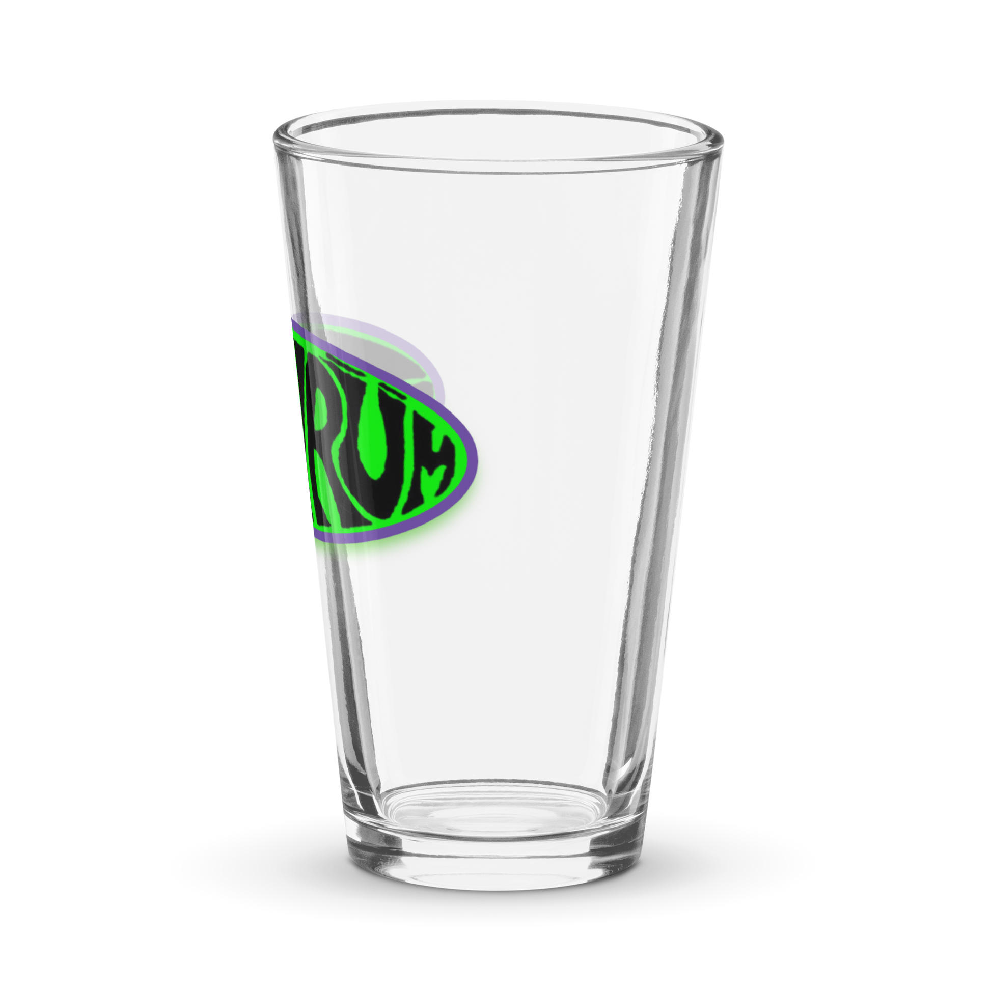 The SHRÜM "Logo" Pint Glass by Mainstay Entertainment is a clear 16 oz shaker featuring a partial neon green and black "RUM" logo with a purple shadow in an oval, shown empty on a white background.