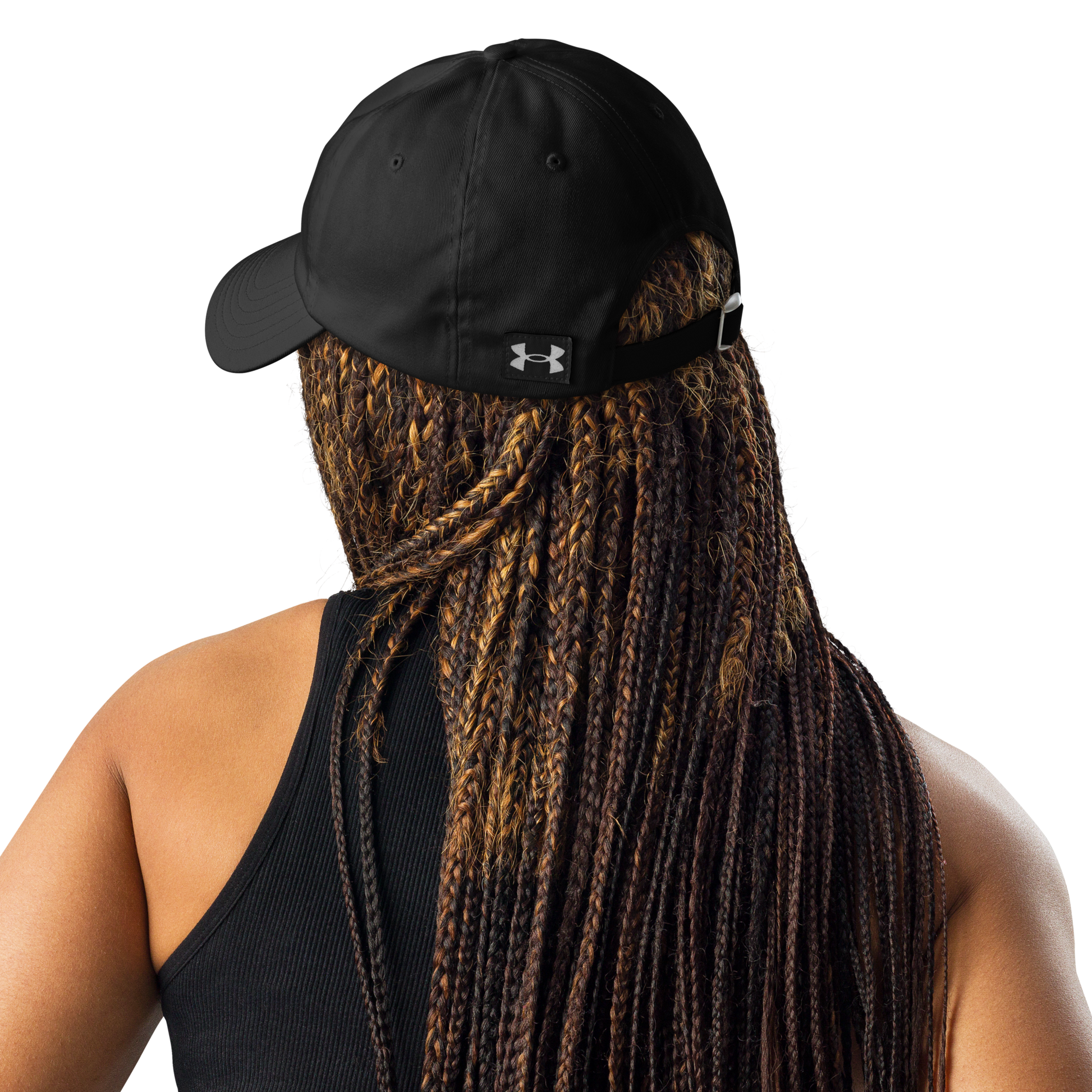 A person with long brown box braids wears a black tank top and a Flesh Parade "Embroidered Logo" Under Armour® Hat backwards, shown from behind against a plain white background.