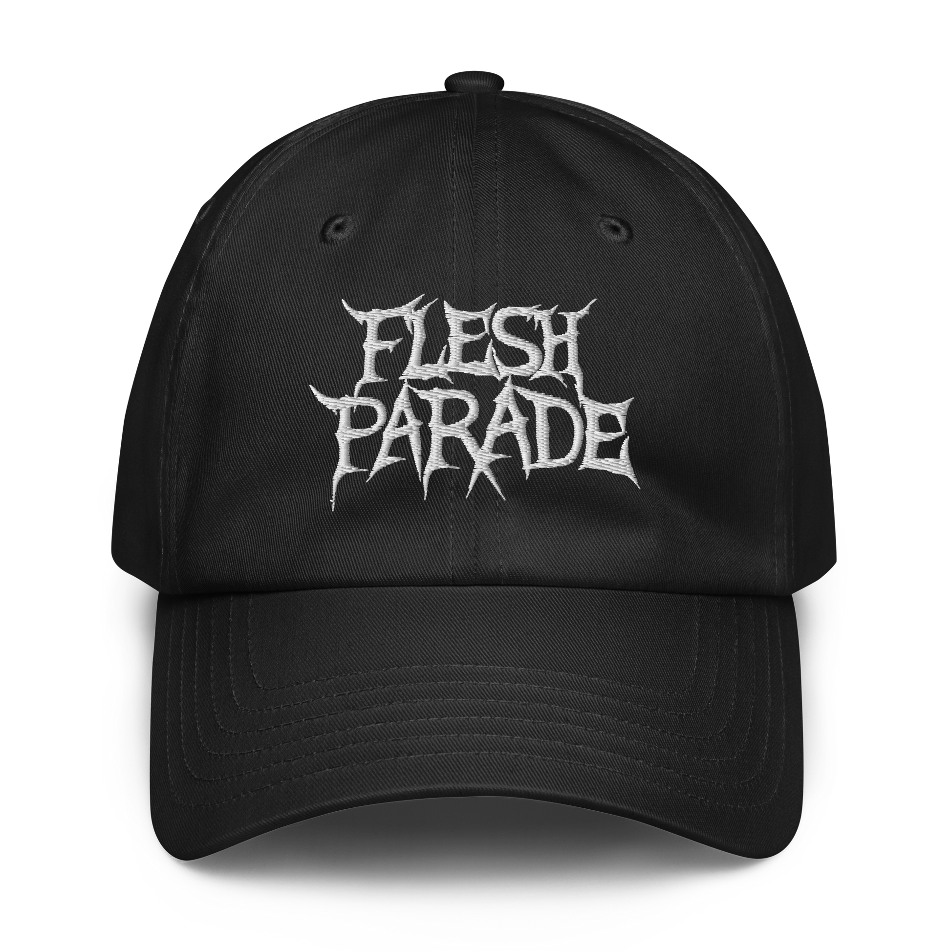 The Flesh Parade "Embroidered Logo" Under Armour® Hat features sharp white FLESH PARADE lettering on black, plus a comfy HeatGear sweatband—ideal for making a bold statement at the gym or on the go.