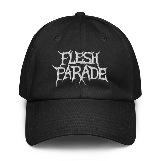 The Flesh Parade "Embroidered Logo" Under Armour® Hat features sharp white FLESH PARADE lettering on black, plus a comfy HeatGear sweatband—ideal for making a bold statement at the gym or on the go.