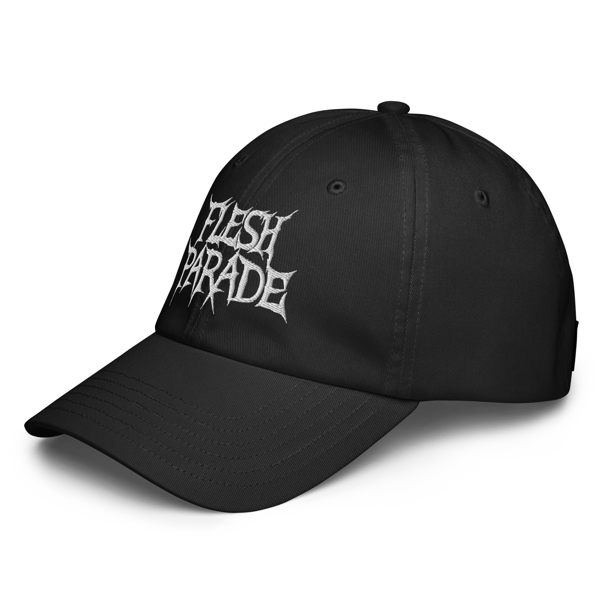 The Flesh Parade "Embroidered Logo" Under Armour® Hat is a black workout cap with jagged white FLESH PARADE lettering, shown from the side on a white background, featuring a comfortable HeatGear sweatband to keep you cool.