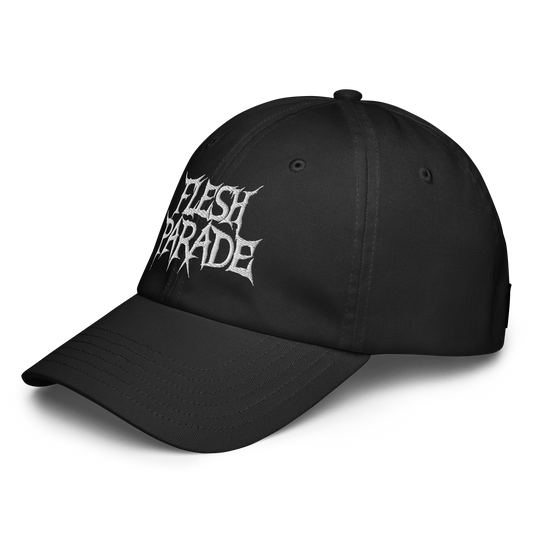 The Flesh Parade "Embroidered Logo" Under Armour® Hat is a black workout cap with jagged white FLESH PARADE lettering, shown from the side on a white background, featuring a comfortable HeatGear sweatband to keep you cool.