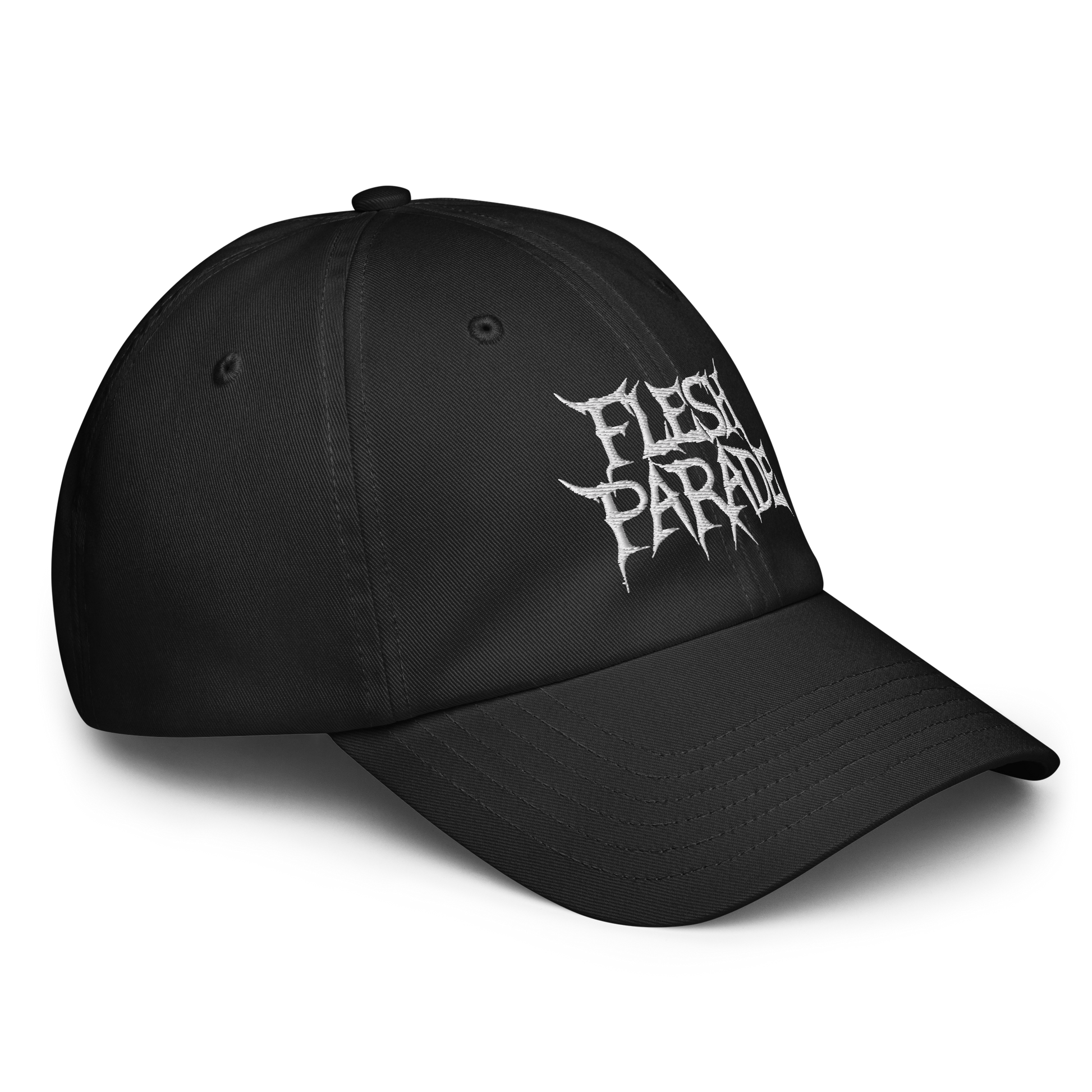 The Flesh Parade "Embroidered Logo" Under Armour® Hat is black with angular white FLESH PARADE text on the front, features a comfortable HeatGear sweatband, and is shown against a white background.