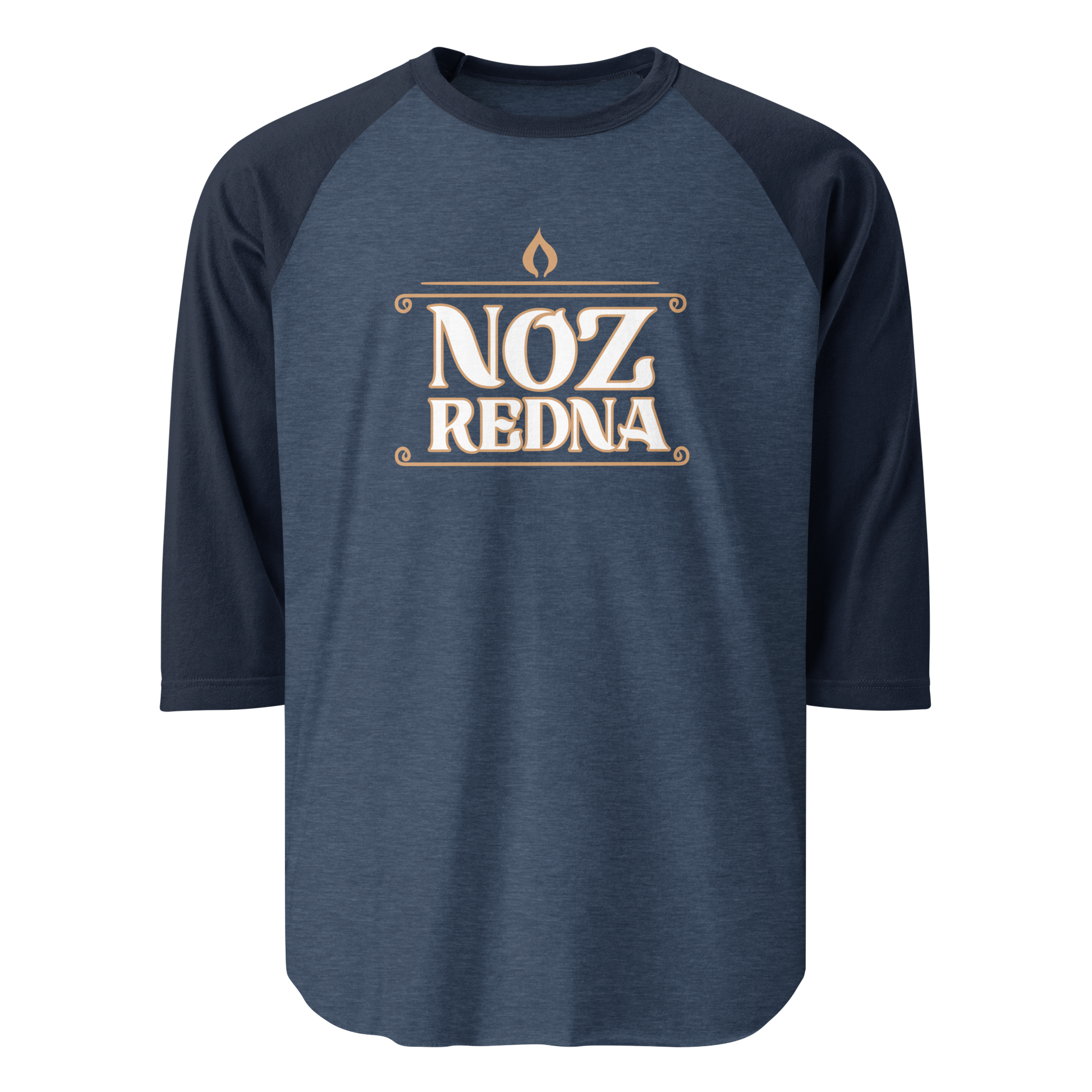 The Mainstay Entertainment Noz Redna "Candle Logo" 3/4 Sleeve Raglan Shirt features bold white lettering and a flame graphic on the front, with comfortable blue and navy cotton-blend fabric.