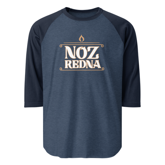 The Mainstay Entertainment Noz Redna "Candle Logo" 3/4 Sleeve Raglan Shirt features bold white lettering and a flame graphic on the front, with comfortable blue and navy cotton-blend fabric.