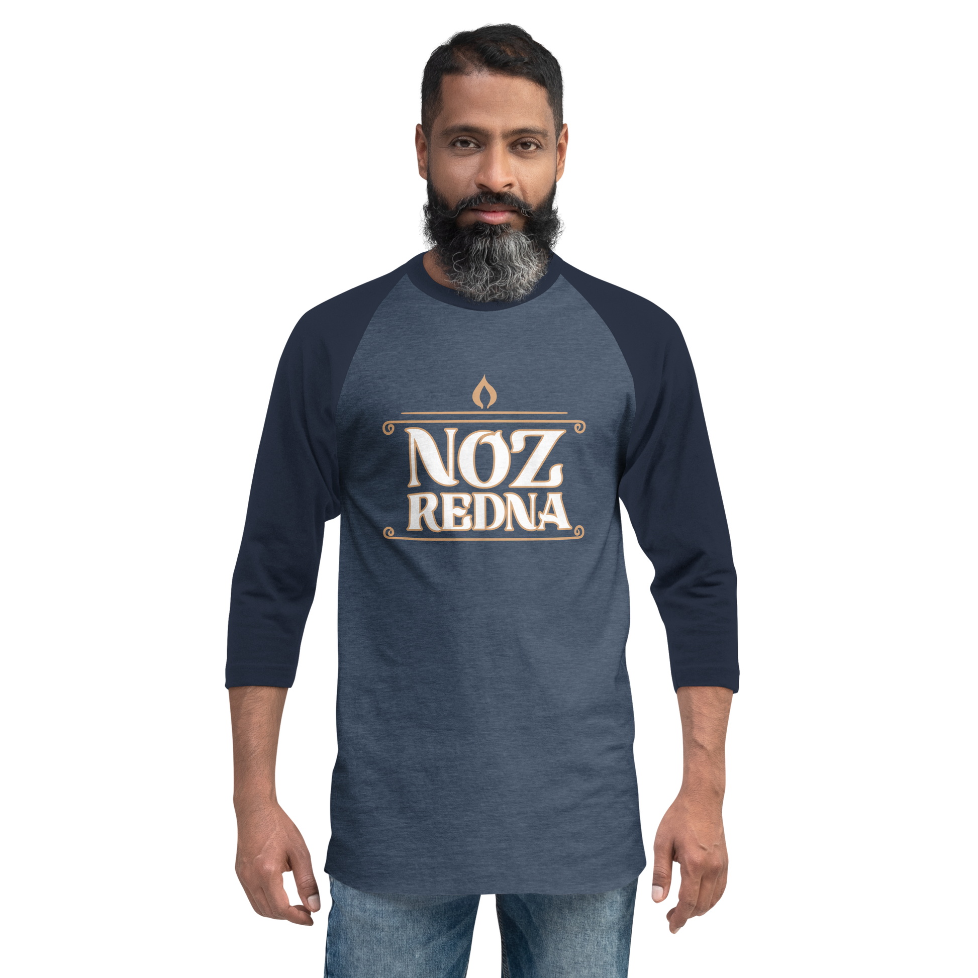 A man with a beard and mustache wears the Noz Redna "Candle Logo" 3/4 Sleeve Raglan Shirt by Mainstay Entertainment, standing against a plain white background.